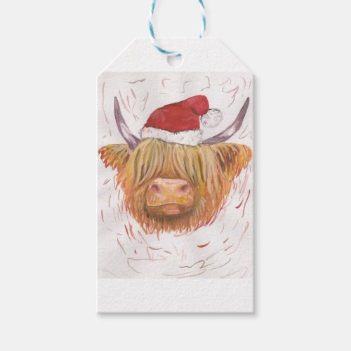 christmas coo Highland Cow with Christmas Hat Gift Tags