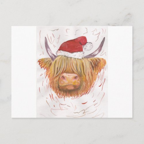 christmas coo Highland Cow with Christmas Hat Holiday Postcard