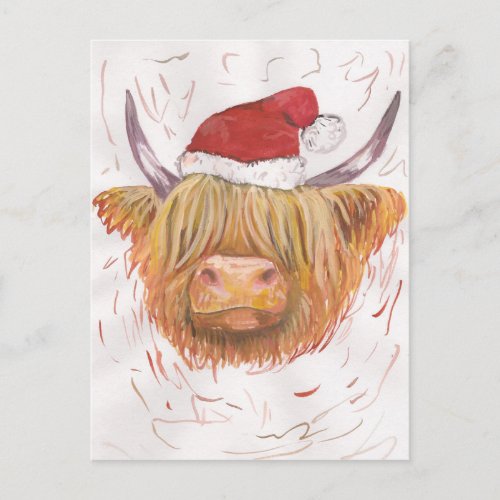 christmas coo Highland Cow with Christmas Hat Holiday Postcard
