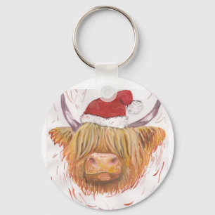 christmas coo Highland Cow with Christmas Hat Keychain