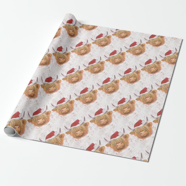 christmas coo Highland Cow with Christmas Hat Wrapping Paper (Unrolled)
