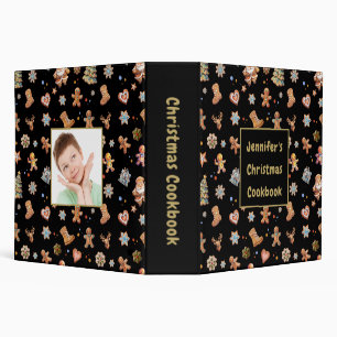 Christmas Cookbook Name Photo Custom Black Gold 3 Ring Binder