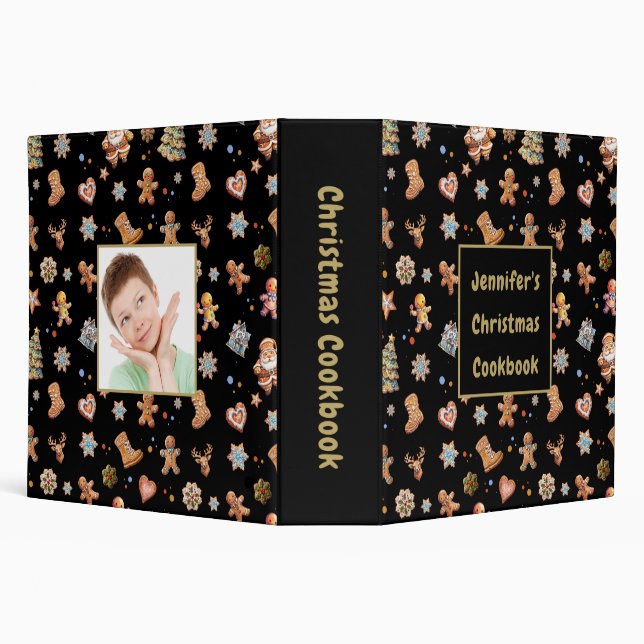 Christmas Cookbook Name Photo Custom Black Gold 3 Ring Binder (Background)