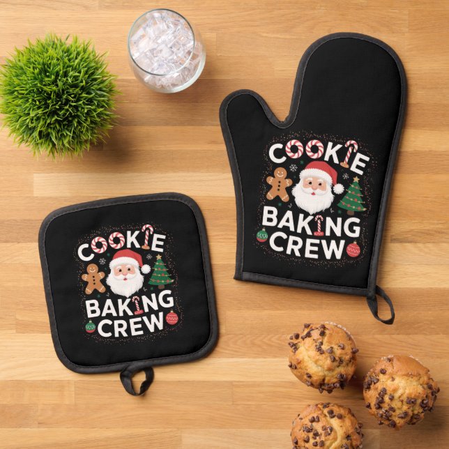 Christmas Cookie Baking Crew Family Christmas  Oven Mitt & Pot Holder Set (Top Down)