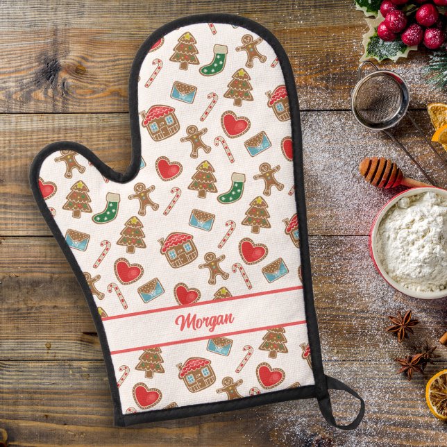 Christmas Cookie Baking Pattern Custom Text Name Oven Mitt (Creator Uploaded)