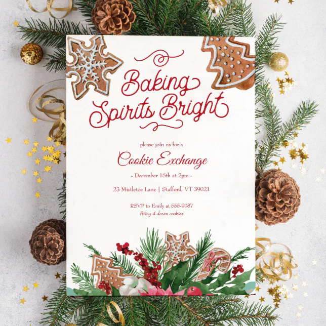 Christmas Cookie Exchange Baking Spirits Bright Invitation | Zazzle