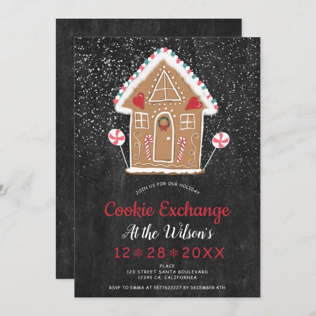 Christmas cookie exchange black ginger bread house invitation (Front/Back)