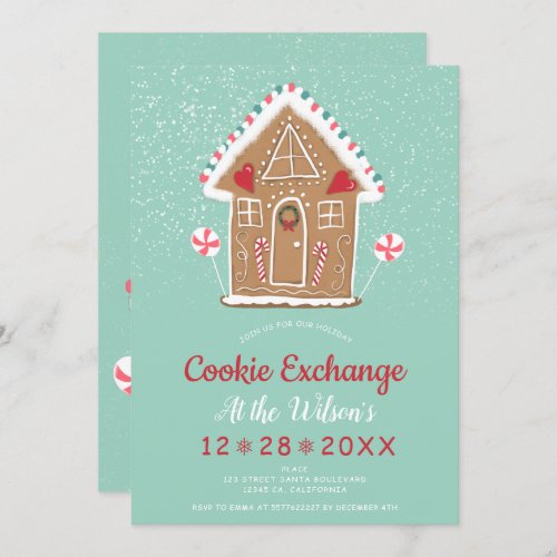 Christmas cookie exchange blue ginger bread house invitation