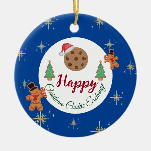 Christmas cookie exchange blue gingerbread ceramic ornament