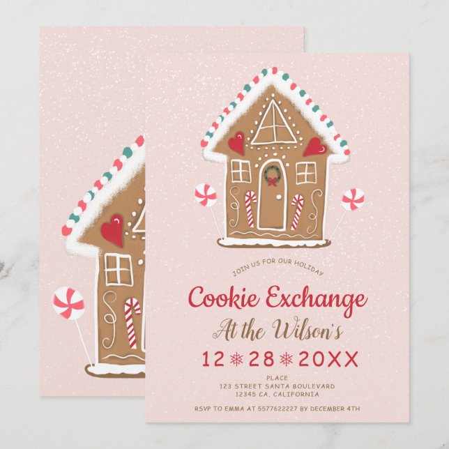 Christmas cookie exchange cute ginger bread house invitation (Front/Back)