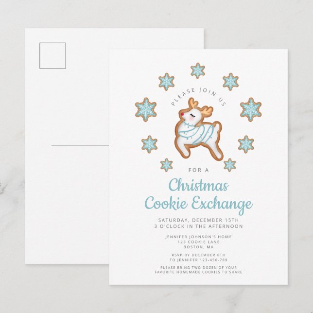 Christmas Cookie Exchange Cute Reindeer Invitation Postcard (Front/Back)