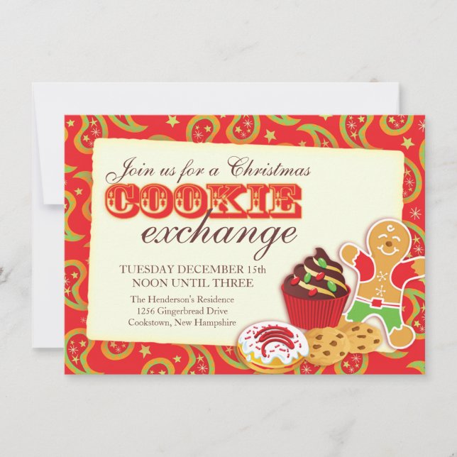 Christmas Cookie exchange & etiquette red invite (Front)