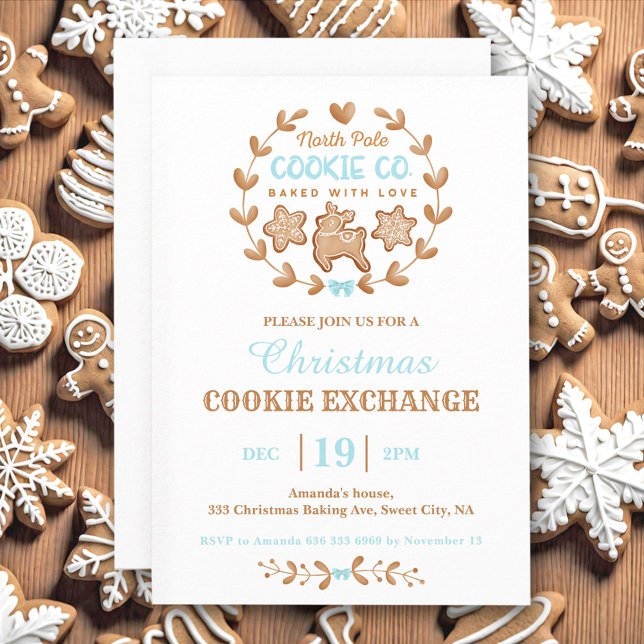 Christmas Cookie Exchange Gingerbread Blue Simple Invitation (Christmas Cookie Exchange Gingerbread Blue Simple Invitation)