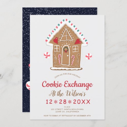 Christmas cookie exchange gray ginger bread house invitation
