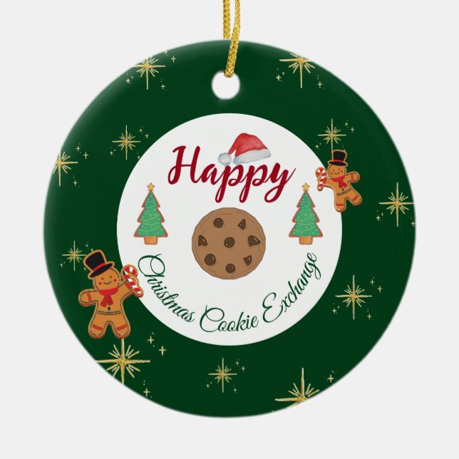 Christmas cookie exchange green gingerbread  ceramic ornament (Front)