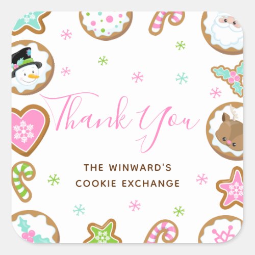 Christmas Cookie Exchange Party Pink Thank You Square Sticker