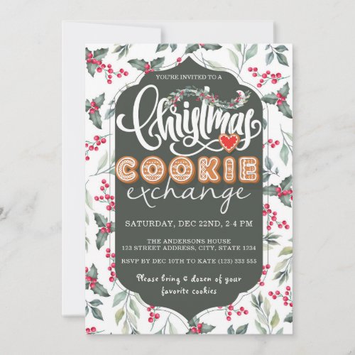 Christmas Cookie Exchange Party Watercolor Green Invitation