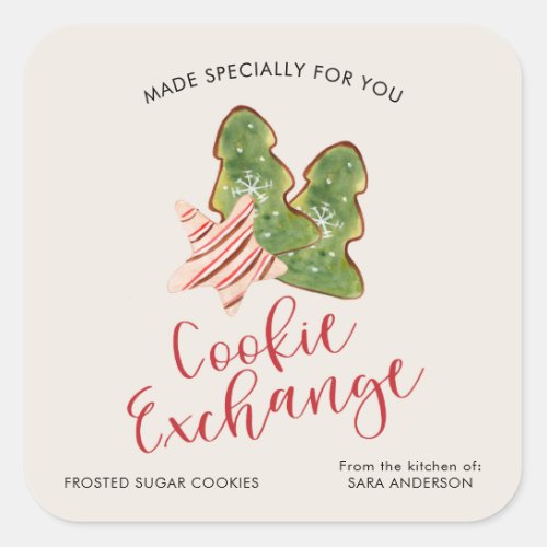 Christmas Cookie Exchange Trendy Watercolor Square Sticker