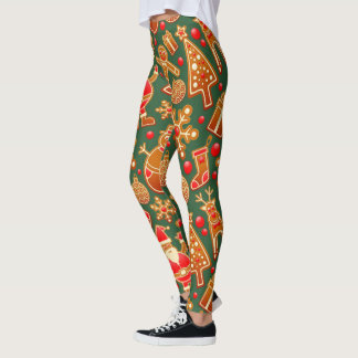 Christmas Cookie Fun Holiday Items on Green Leggings