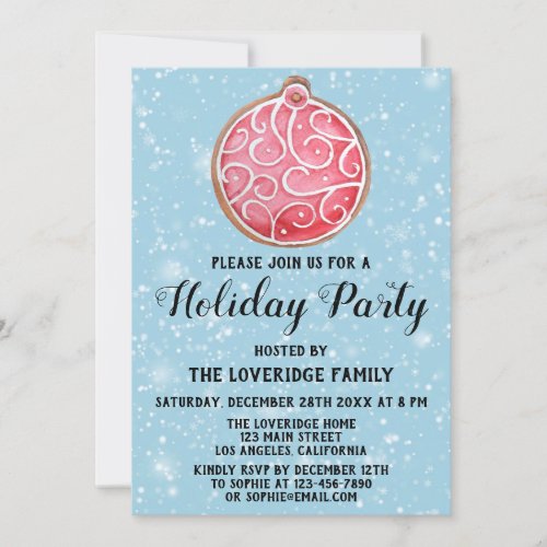 Christmas Cookie Holiday Party Red Ball Blue Snow Invitation