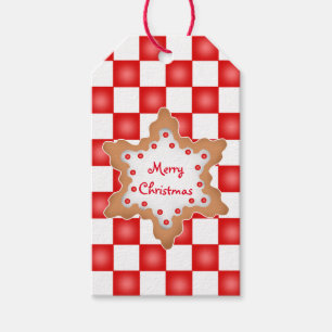 Christmas cookie on red and white checkerboard gift tags