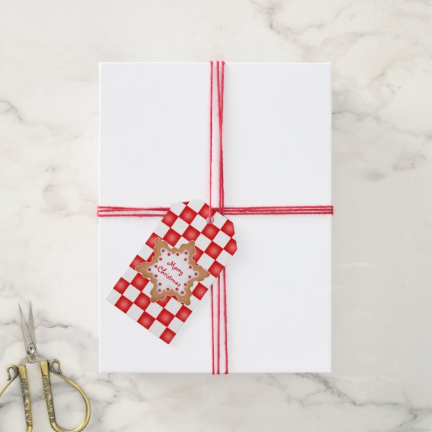 Christmas Cookie On Red And White Checkerboard Gift Tags