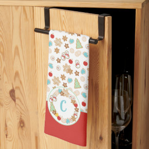 Christmas Cookie Pattern with Monogram Kitchen Towel
