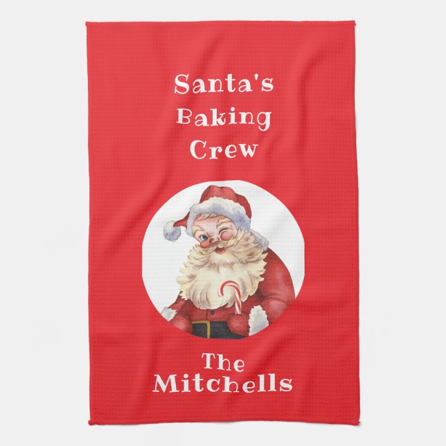 Christmas Cookie Retro Santa's Baking Crew NAME Kitchen Towel (Vertical)