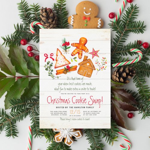 Christmas Cookie Swap Gingerbread  Rustic Wood Invitation
