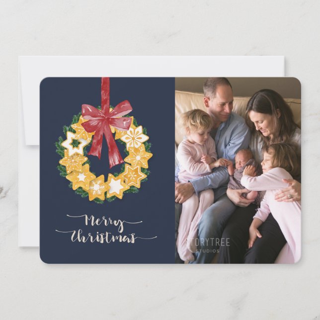 Christmas Cookie Wreath with Blue Grey Background Holiday Card (Front)