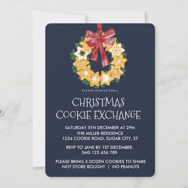 Christmas Cookie Wreath with Blue Grey Background Invitation (Front)