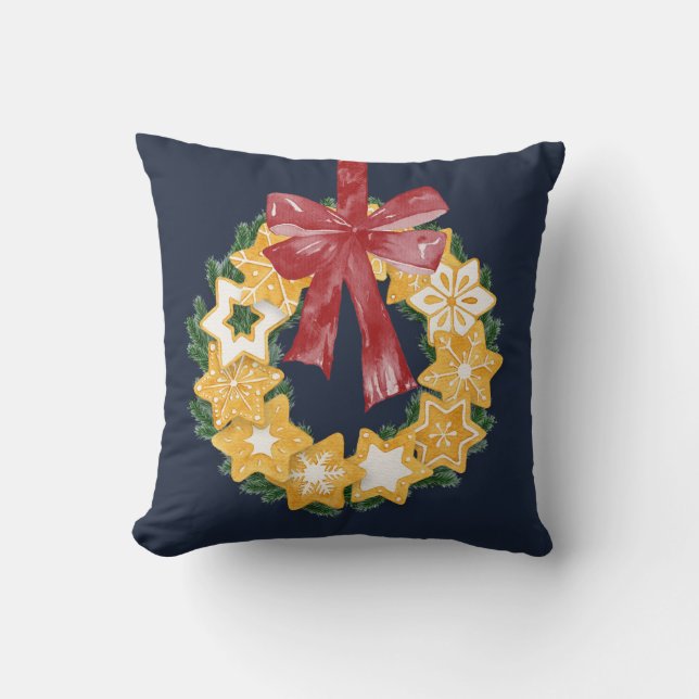 Christmas Cookie Wreath with Blue Grey Background Throw Pillow (Front)