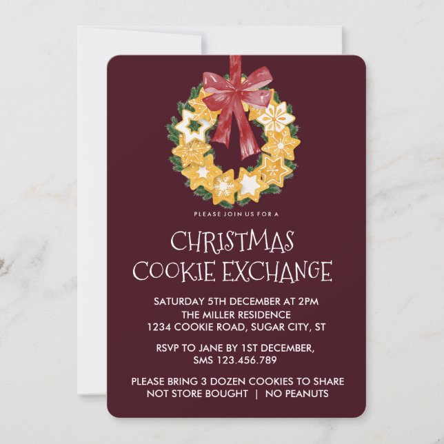 Christmas Cookie Wreath with Burgundy Background Invitation (Front)