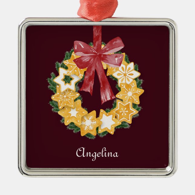Christmas Cookie Wreath with Burgundy Background Metal Ornament (Front)