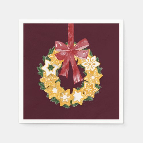 Christmas Cookie Wreath with Burgundy Background Napkins