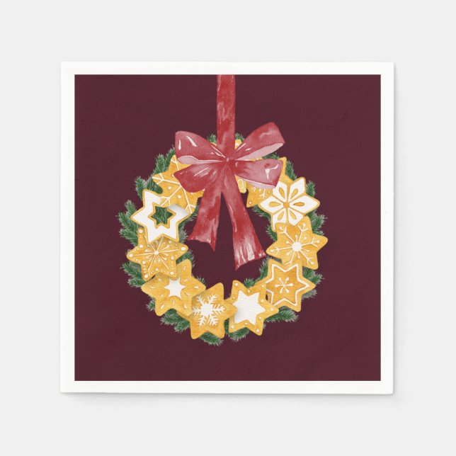 Christmas Cookie Wreath with Burgundy Background Napkins (Front)
