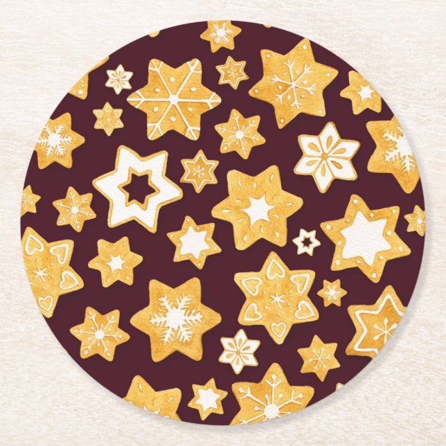 Christmas Cookie Wreath with Burgundy Background Round Paper Coaster (Front)