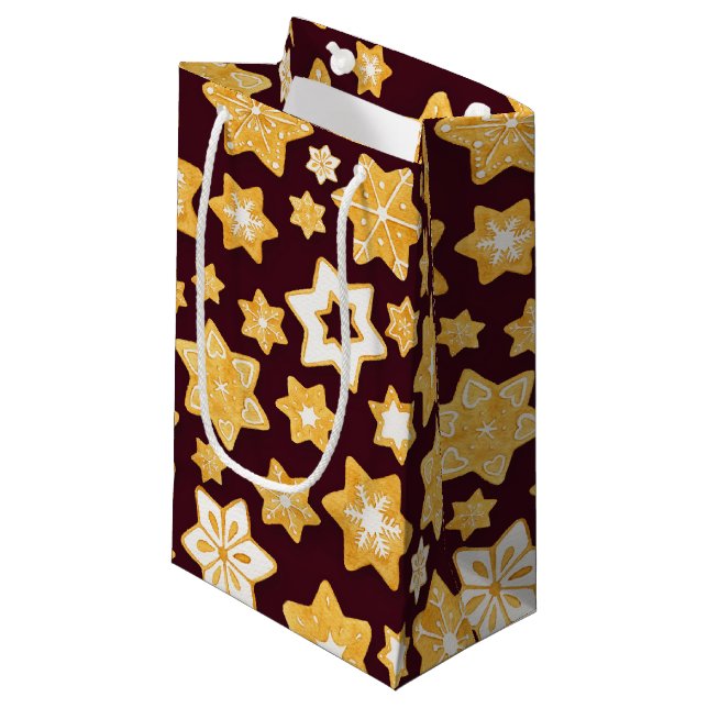 Christmas Cookie Wreath with Burgundy Background Small Gift Bag (Front Angled)