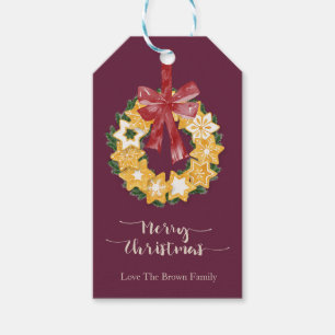 Christmas Cookie Wreath with Deep Plum Background Gift Tags