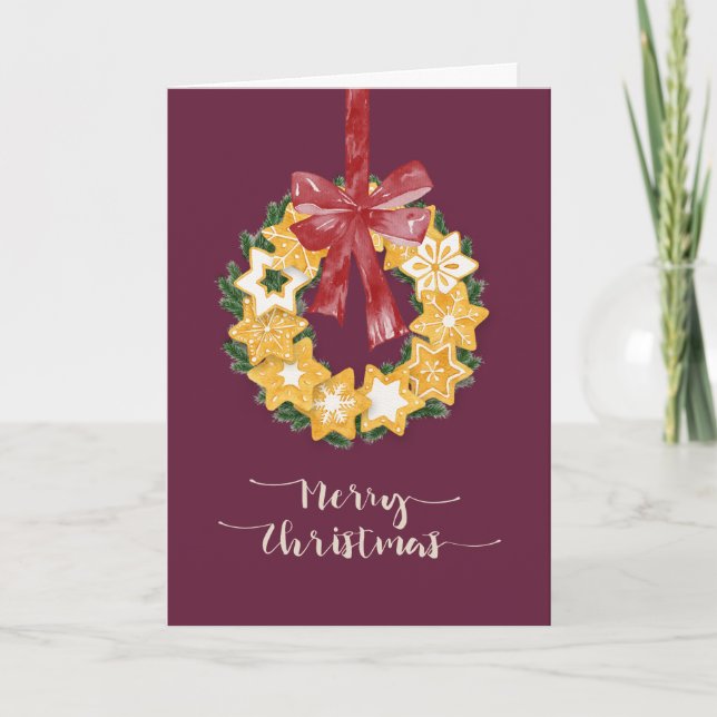 Christmas Cookie Wreath with Deep Plum Background Holiday Card (Front)