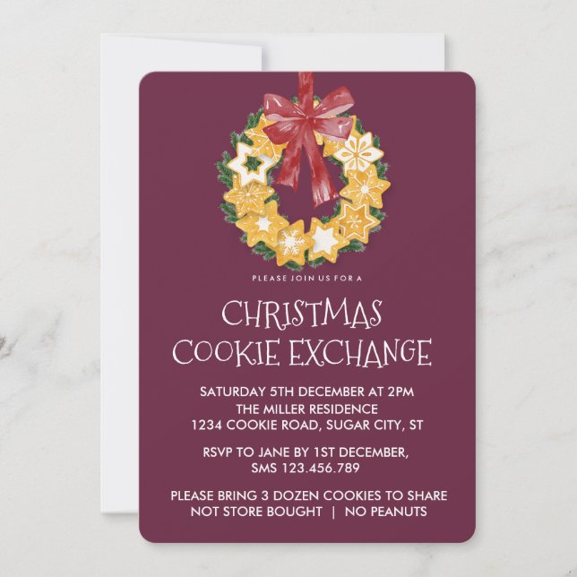 Christmas Cookie Wreath with Deep Plum Background Invitation (Front)