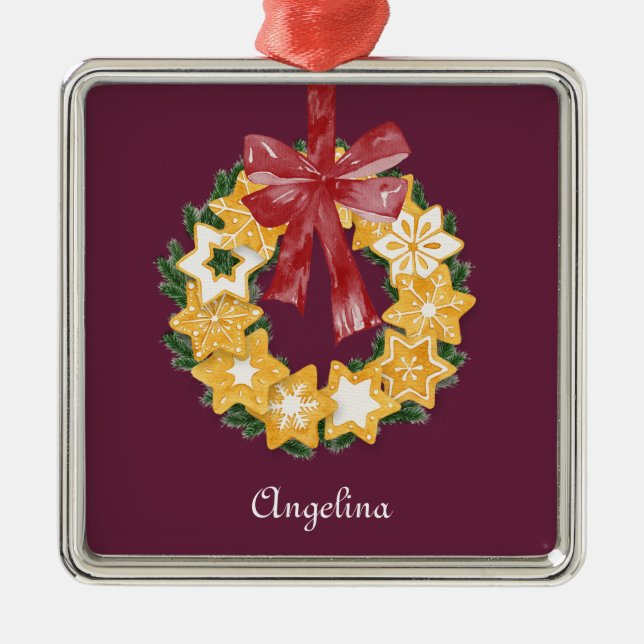 Christmas Cookie Wreath with Deep Plum Background Metal Ornament (Front)