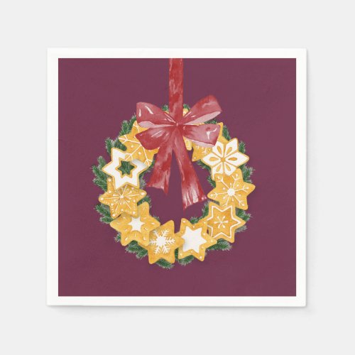 Christmas Cookie Wreath with Deep Plum Background Paper Napkins