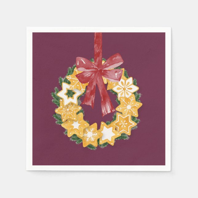 Christmas Cookie Wreath with Deep Plum Background Paper Napkins (Front)