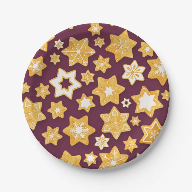 Christmas Cookie Wreath with Deep Plum Background Paper Plates (Front)