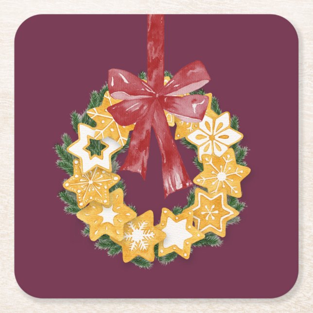 Christmas Cookie Wreath with Deep Plum Background Square Paper Coaster (Front)