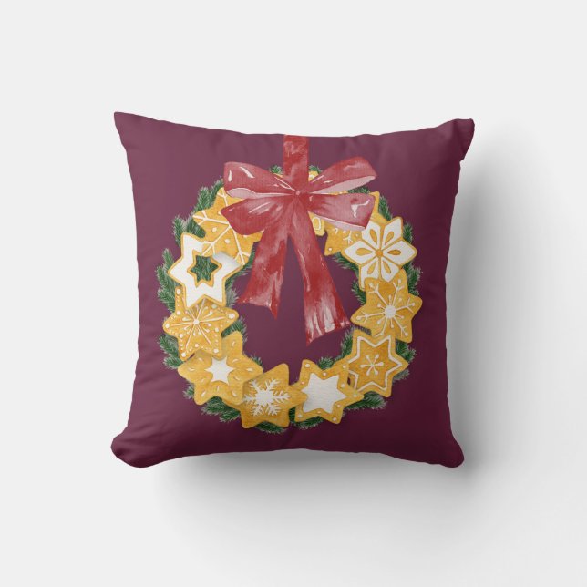 Christmas Cookie Wreath with Deep Plum Background Throw Pillow (Front)