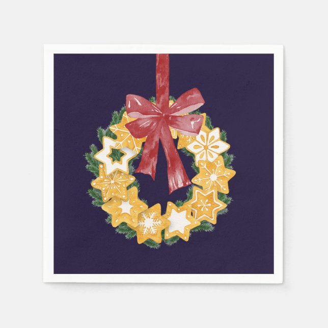 Christmas Cookie Wreath with Navy Blue Background Paper Napkins (Front)