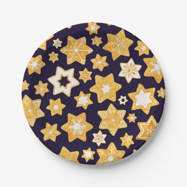 Christmas Cookie Wreath with Navy Blue Background Paper Plates (Front)