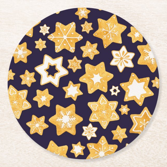Christmas Cookie Wreath with Navy Blue Background Round Paper Coaster (Front)